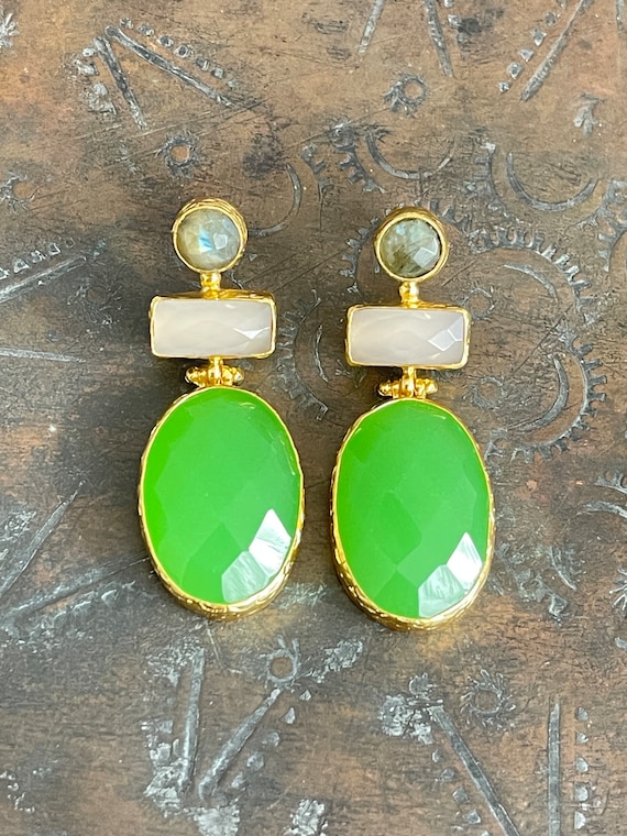 KOKO Orecchini Con Pietre Naturali Calcedonio, Labradorite E Granati – Placcati Oro 18k, Fatti A Mano In Confezione Regalo