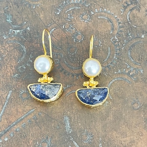 Pearl and lapis lazuli Earrings, Ottoman Earrings, Gold plated brass, Ottoman, gemstone earrings,Dangle earrings, Drop earrings