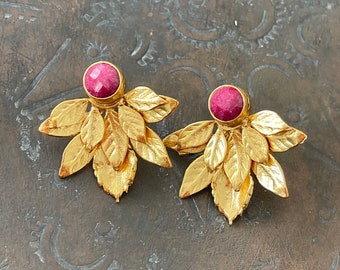 Ruby Earrings, leaf earrings, Ottoman Earrings, Gold plated brass, Ottoman, gemstone earrings, Stud earrings