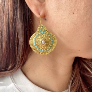 Turquoise and Pearl Earrings, 21ct Gold plated brass, ottoman earrings, gemstone earrings, statement earring,gift for her, boho earrings
