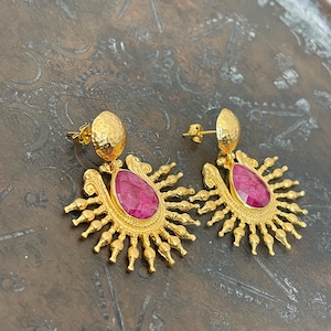 Ruby Earrings, Ottoman Earrings, Gold plated brass, Turkish earrings, gemstone earrings, statement earring, Gift for her, stud earrings