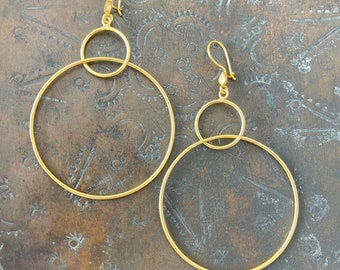 Double hoop Earrings, Double circle earrings, Gold plated brass, Two circle earrings, Gold hoop eaarings, gift for her