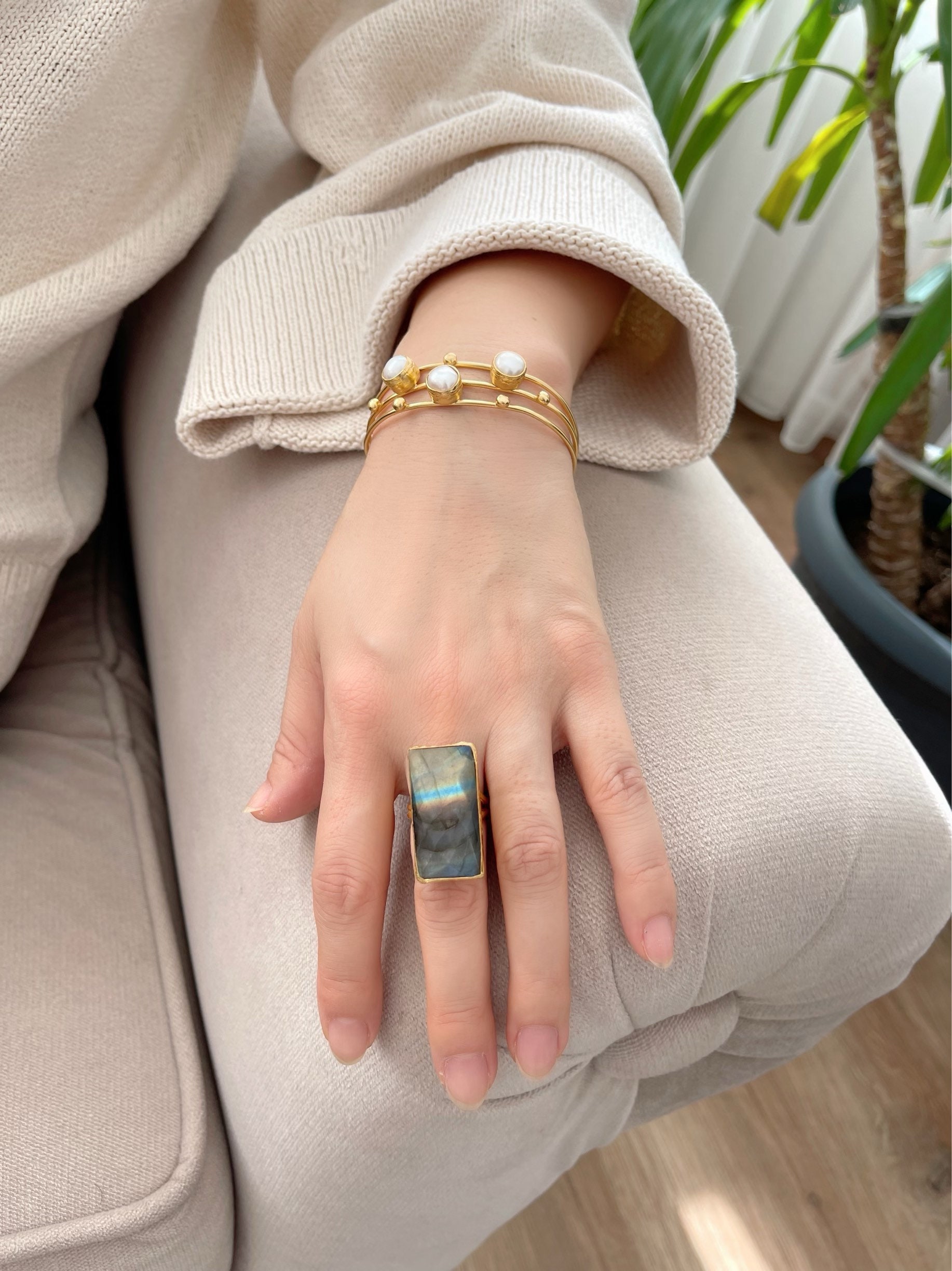 Pearl Bangle, Gold Bangle, Pearl Bracelet , Gem Stone Bangle