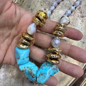 Luxury Baroque pearl and Turquoise necklace with unique gold plated pearls, Boho style pearl necklace, Large baroque pearl, Gift for her