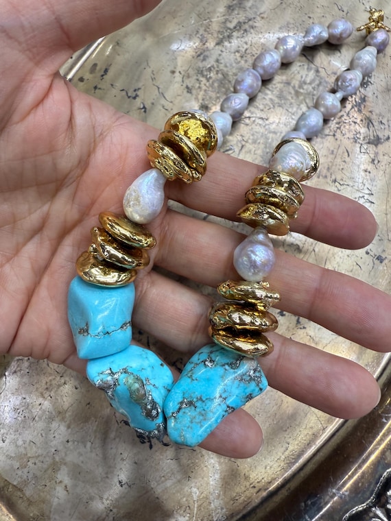 Luxury Baroque pearl and Turquoise necklace with unique gold plated pearls,  Boho style pearl necklace, Large baroque pearl, Gift for her
