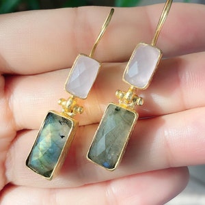 Rose quartz Labradorite Earrings, Ottoman Earrings, Gold plated brass, Ottoman, gemstone earrings,Dangle earrings, Drop earrings