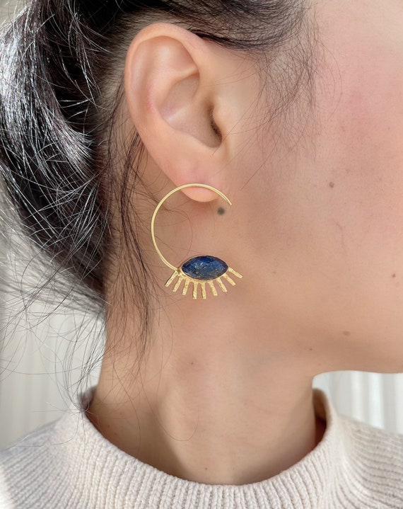 Gold plated brass Lapis lazuli Earrings gift for her Turkish earrings Ottoman Earrings statement earring gemstone earrings