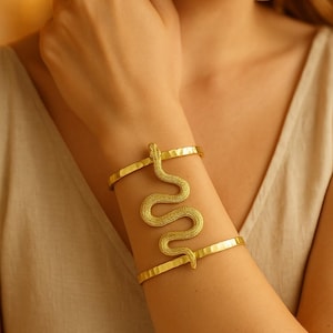 21k Gold Plated Snake Cuff Bracelet, Hammered Brass Bangle