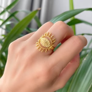 Eye of Horus Ring, Gold Plated Brass, Adjustable Boho Ring