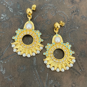 Turquoise and Pearl Earrings, 21ct Gold plated brass, ottoman earrings, gemstone earrings, statement earring,gift for her, boho earrings
