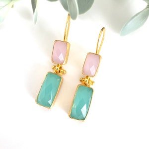 Rose Quartz and Aqua Chalcedony Earrings, Ottoman Earrings, Gold plated brass, Ottoman, gemstone earrings,Dangle earrings, Drop earrings