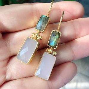 Labradorite and Rose quartz Earrings, Ottoman Earrings, Gold plated brass, Ottoman, gemstone earrings,Dangle earrings, Drop earrings