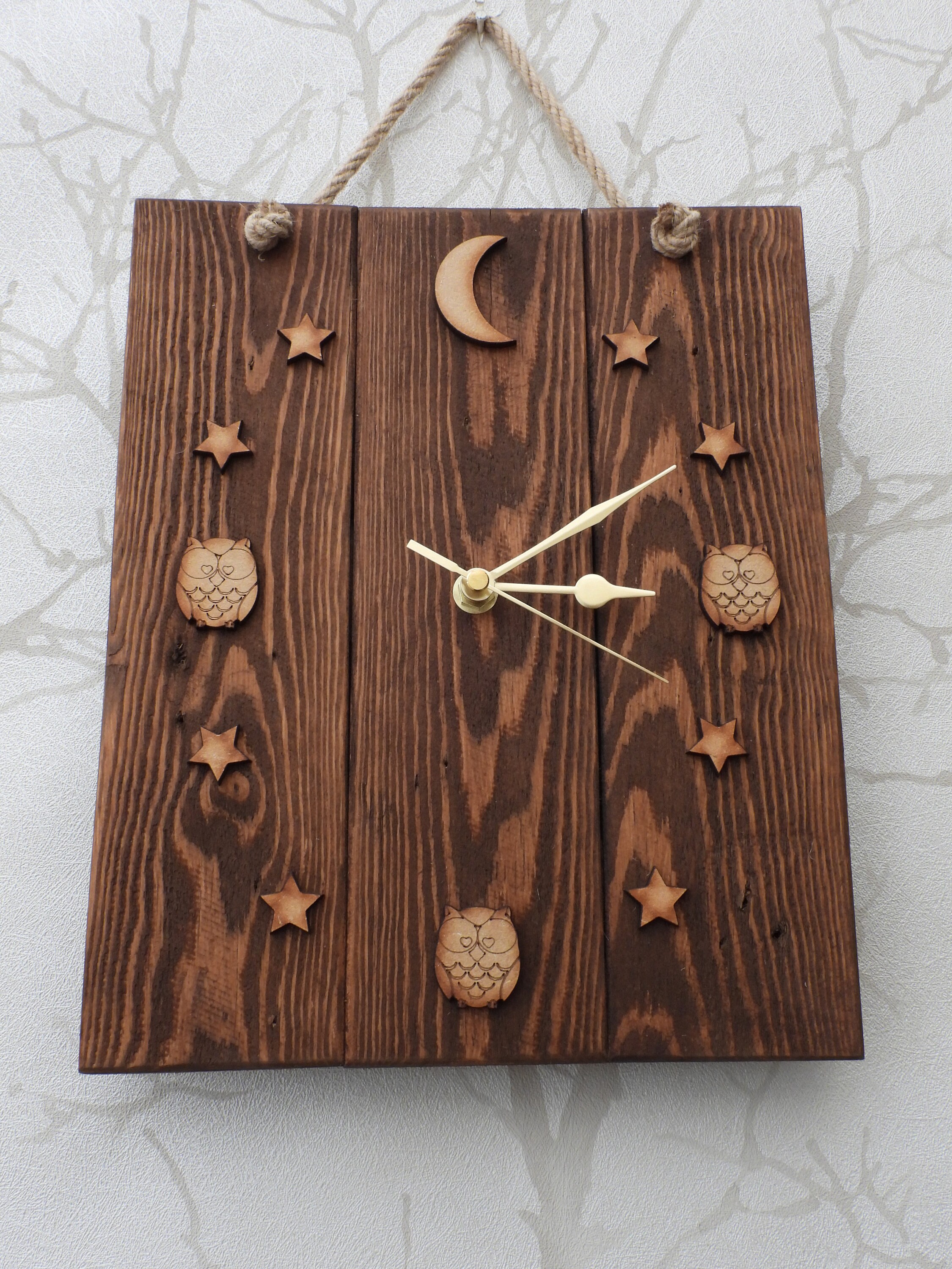 Reclaimed Pallet Wood Owls, Moon and Stars Woodland Wall Clock, Owl with Gift Tag option