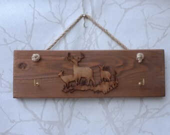 Reclaimed Pallet Wood Deer Family Trio / Stag Dog Lead Hanger / Key / Towel Hooks with Optional Gift Tag/s