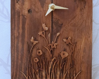 Reclaimed Pallet Wood Garden / Wild Flower Meadow and Butterflies Wall Clock with Optional Gift Tag/s