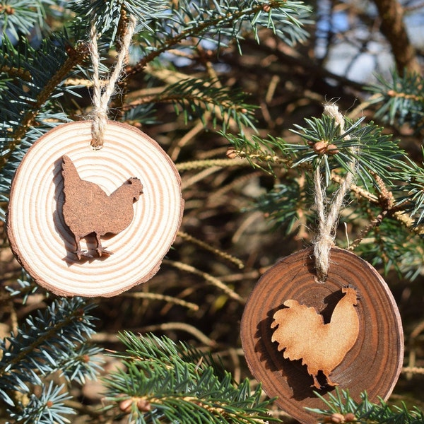 Rustic Wooden Hanging Decorations, Chickens, Cockerels, Hens, Tree Hanging, Log Slices, Gift Tags,  Natural Wood Slice, Set of 2