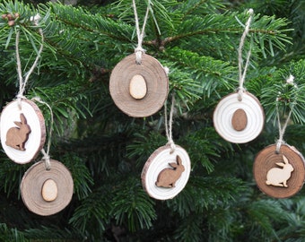 Adornos rústicos de madera para colgar, conejitos de Pascua, conejos, huevos, regalos de boda, etiquetas de regalo, recuerdos, rodajas de troncos, rodajas de madera, juego de 6