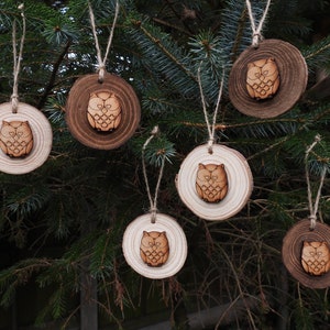 May include: Six wooden ornaments shaped like tree rounds with a laser-cut owl design. The owls are brown and the tree rounds are a mix of brown and natural wood.