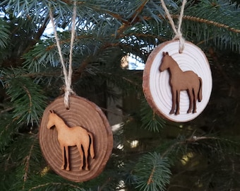 Adornos rústicos de madera para colgar, árbol de caballos para colgar, rodajas de troncos, etiquetas de regalo, rodajas de madera natural, regalos de boda, juego de 2