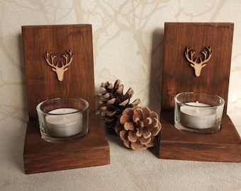 Portavelas votivo con forma de cabeza de ciervo de madera de palé recuperada (con etiqueta/s de regalo opcionales)