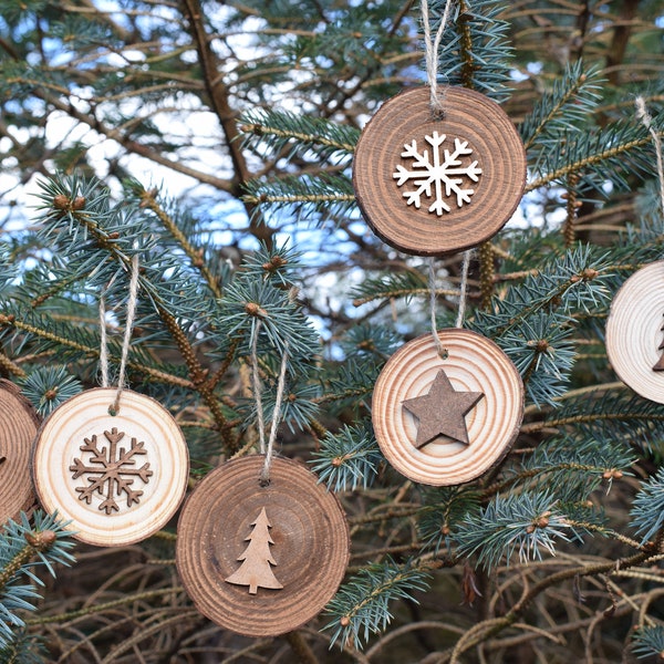 Rustic Wooden Hanging Decorations, Snowflakes, Stars, Pine / Fir Trees, Wedding Favours, Gift Tags, Keepsake Log Slices, Wood Slice Set of 6