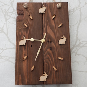 Reclaimed Pallet Wood Rabbits, Bunnies & Carrots Wall Clock with Gift Tag option.