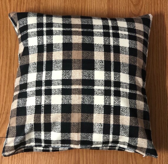 Tan, Black and White Plaid Print Flannel Pillow Cover