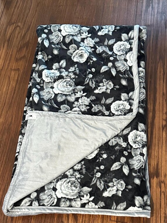 Black and Gray Floral Print Fleece and Minky Blanket