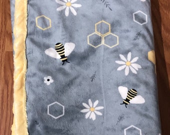 Gray and Yellow Bees Minky Baby Blanket