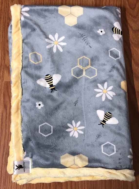 Gray and Yellow Bees Minky Baby Blanket