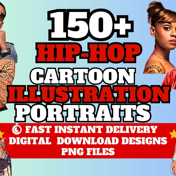 150+ illustrazioni di cartoni animati Hip Hop Rap Star PNG Bundle per camicie / download digitale / sublimazione / design streetwear, magliette di gruppi rock