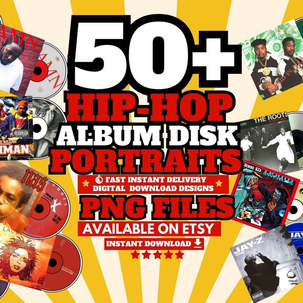 50+ Hip Hop Rap Star Album Disk PNG Bundle per camicie / download digitale / sublimazione / design streetwear, hip hop rap, magliette di gruppi rock