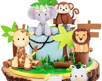 Safari animals fondant cake topper - fondant safari cake - Baby Shower - 1st Birthday - giraffe, elephant, zebra, lion, tiger, monkey, Hippo