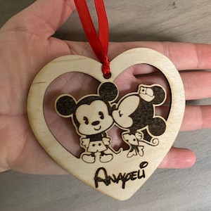 Mickey and Minnie Valentine&#39;s, Personalized Name Valentine&#39;s Day Gift Tag, Custom Name Disney Ornament, Wood Gift Tag, Heart Shaped Tag
