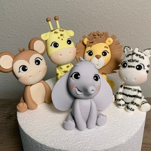 Wild one birthday party, Safari animals fondant cake topper, jungle animals figurine, baby shower cake topper decoration for boy or girl image 1