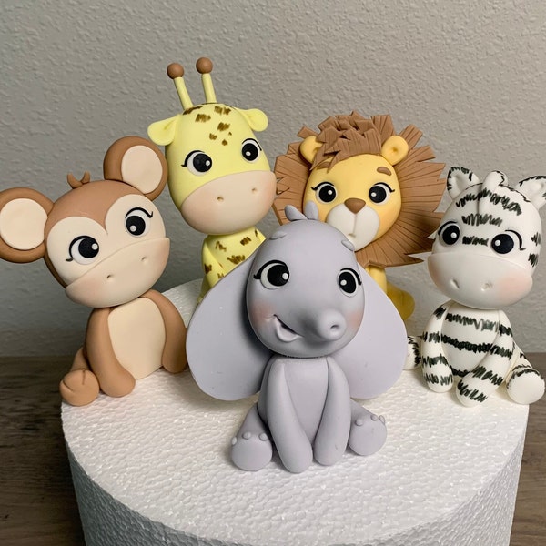 Wild one birthday party, Safari animals fondant cake topper, jungle animals figurine, baby shower cake topper decoration for boy or girl