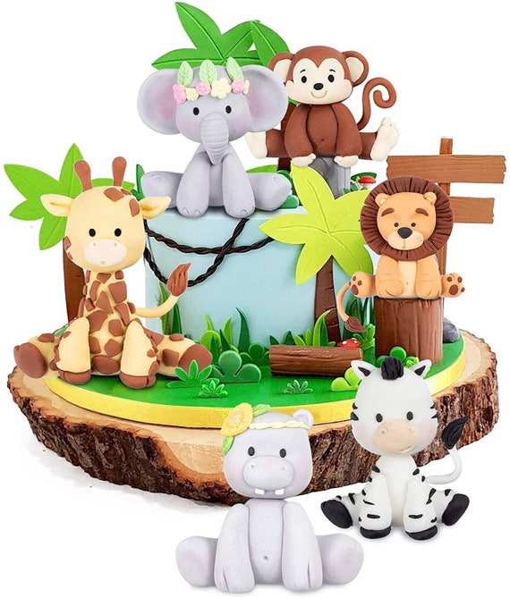 Safari animals fondant cake topper - fondant safari cake - Baby Shower - 1st Birthday - giraffe, elephant, zebra, lion, tiger, monkey, Hippo