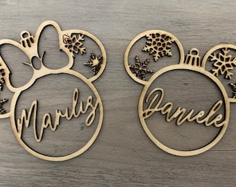 Mickey and Minnie Christmas, Personalized Mickey Mouse Tree Ornament, Custom Name Disney Ornament, Snowflake Ears Mickey Mouse Ornament