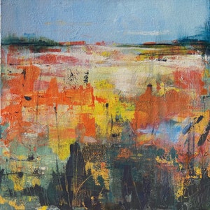May include: Abstract painting with a landscape theme. The painting features a variety of colors, including orange, yellow, blue, and green. The painting is textured and has a painterly style.