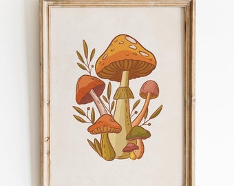 Stampa artistica Campo di funghi / Decorazione per la casa vintage, stampa minimalista e colorata