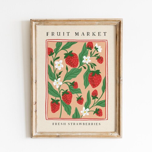 Obstmarkt Erdbeeren Kunstdruck | Vintage Wohndekor minimalistisch, bunter Druck, Küchendekoration
