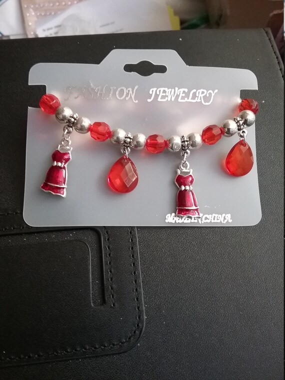 red dress charm bracelet Girl on a red dress european bead charm 18kt of gold plated