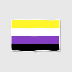 May include: A sticker of the non-binary pride flag. The flag has five horizontal stripes: yellow, white, purple, black, and white.