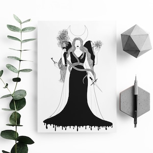 Hecate Greek goddess of magic print. Mythology illustration. Maiden, Mother, Crone. Occult, tarot, altar poster. Keeper of keys.