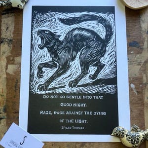 Dylan Thomas Art - Do Not Go Gentle Linocut Print - Lino Print Poster - Handprinted Gift - Sabo Tabby Print - Poetry Poster - Handmade Art