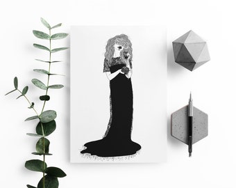 Persephone Greek goddess of the Underworld. Mythology illustration. Black and white line art. Dark bride, occult, tarot, altar poster
