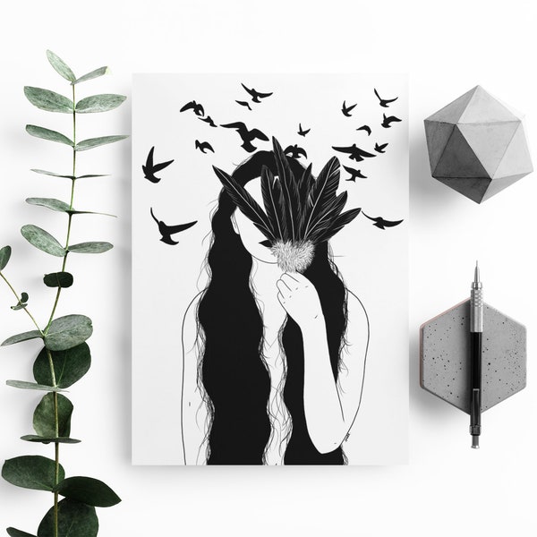 Download - Come Join The Murder. Flock of birds. Crow illustration. Raven feathers print. Female portrait illustration. Black and white