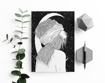 Dark Side Of The Moon. Dark Fairytale illustration. Female portrait. Blind Witch Print. Black and white Graphic Illustration art