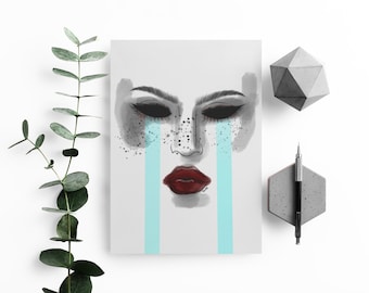 Download - Cry For Me female portrait. Make-up freckles art print. Tears Poster. A4 Graphic Illustration. Contemporary art.