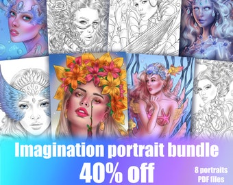 May include: A bundle of eight printable coloring pages featuring fantasy portraits of women with intricate details. The images are in black and white and include a variety of styles, such as a woman with flowers in her hair, a woman with wings, and a woman with a crown. The text "Imagination portrait bundle 40% off 8 portraits PDF files" is at the bottom of the image.